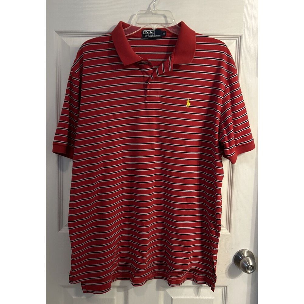 Polo Ralph Lauren Mens XL Red Blue Striped Short Sleeve Polo Cotton Pony